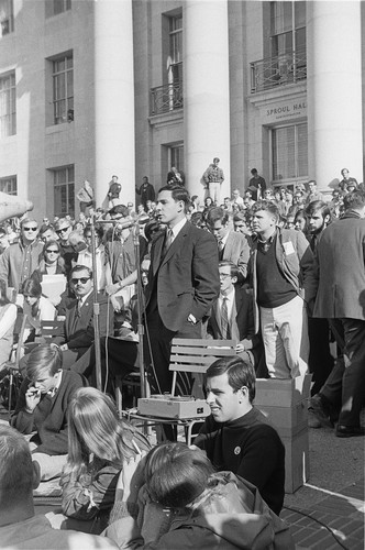 Speaker in front of Sproul Hall