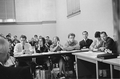 Committee on Campus Political Activity (CCPA) meeting. Left to right: Sid Stapleton, Suzanne Goldberg, Bettina Aptheker, Mario Savio, and Charles Powell