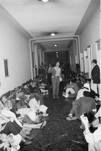 Mario Savio speaking to students in Sproul Hall