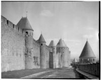 Ramparts, battlements and towers in the fortified town of Carcassonne, France, 1929
