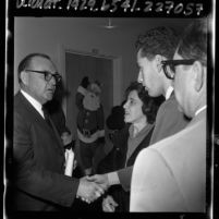 Governor Edmund G. (Pat) Brown talks with Doris Savio after free speech meeting with UC Board of Regents, 1964