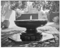 Wright Saltus Ludington residence, view of fountain in courtyard with brick pavement, Montecito, 1931