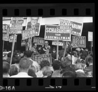 Governor Edmund G. (Pat) Brown surrounded by crowd and campaign signs in West Covina, Calif. , 1966