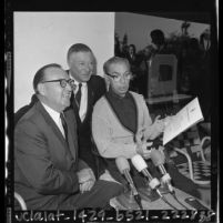 Eddie Cantor at press conference with Governor Edmund G. (Pat) Brown and George Jessel in Calif., 1964