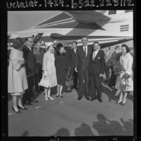 Lyndon Johnson, Governor Edmund G. (Pat) Brown and their wives greeting Mexico's President Adolf Lopez Mateos in Los Angeles, Calif., 1964