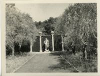 Wright Saltus Ludington residence, Lansdowne Hermes statue at end tree-bordered lawn, Montecito, 1931