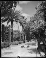 Gardens at Alcázar of Seville, view of a fountain on a paved walkway, Seville, Spain, 1929