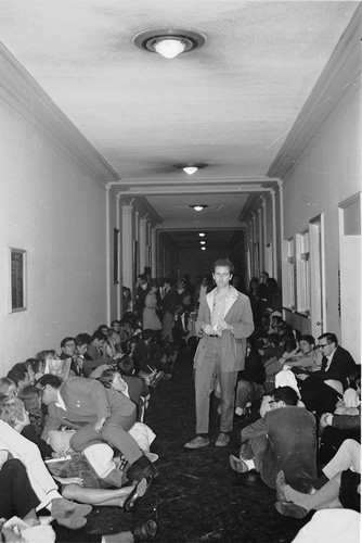 Mario Savio speaking to students in Sproul Hall