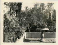 Wright Saltus Ludington residence, view of wisteria lined terrace with round pedestal table, Montecito, 1931